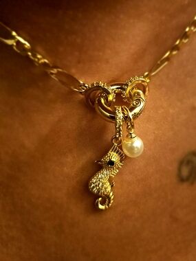 14"  Gold-Filled Seahorse & Pearl Charm Necklace with Figaro Chain